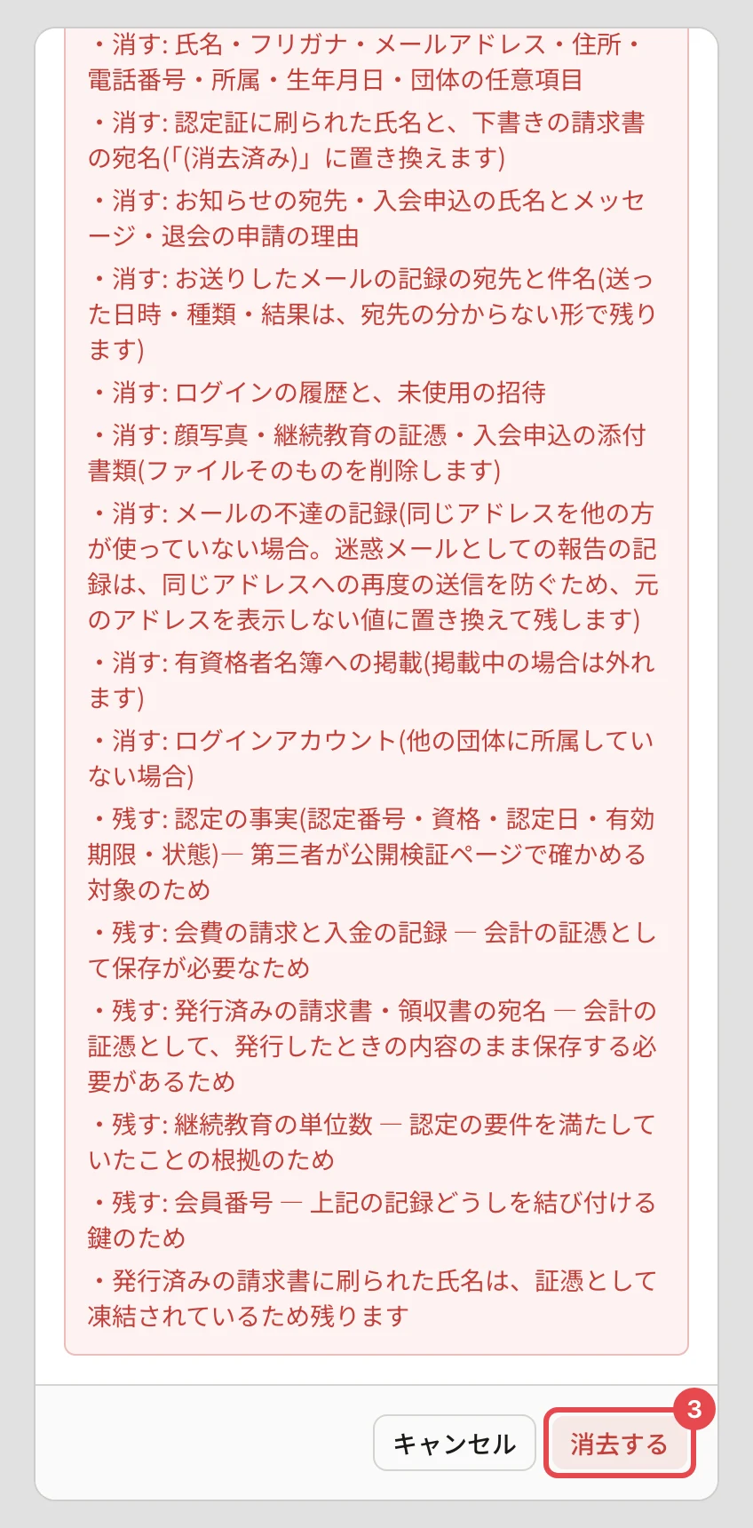 「この方の個人データを消去しますか?」の確認。消えるもの・残るものの下の「消去する」に番号 3 の枠