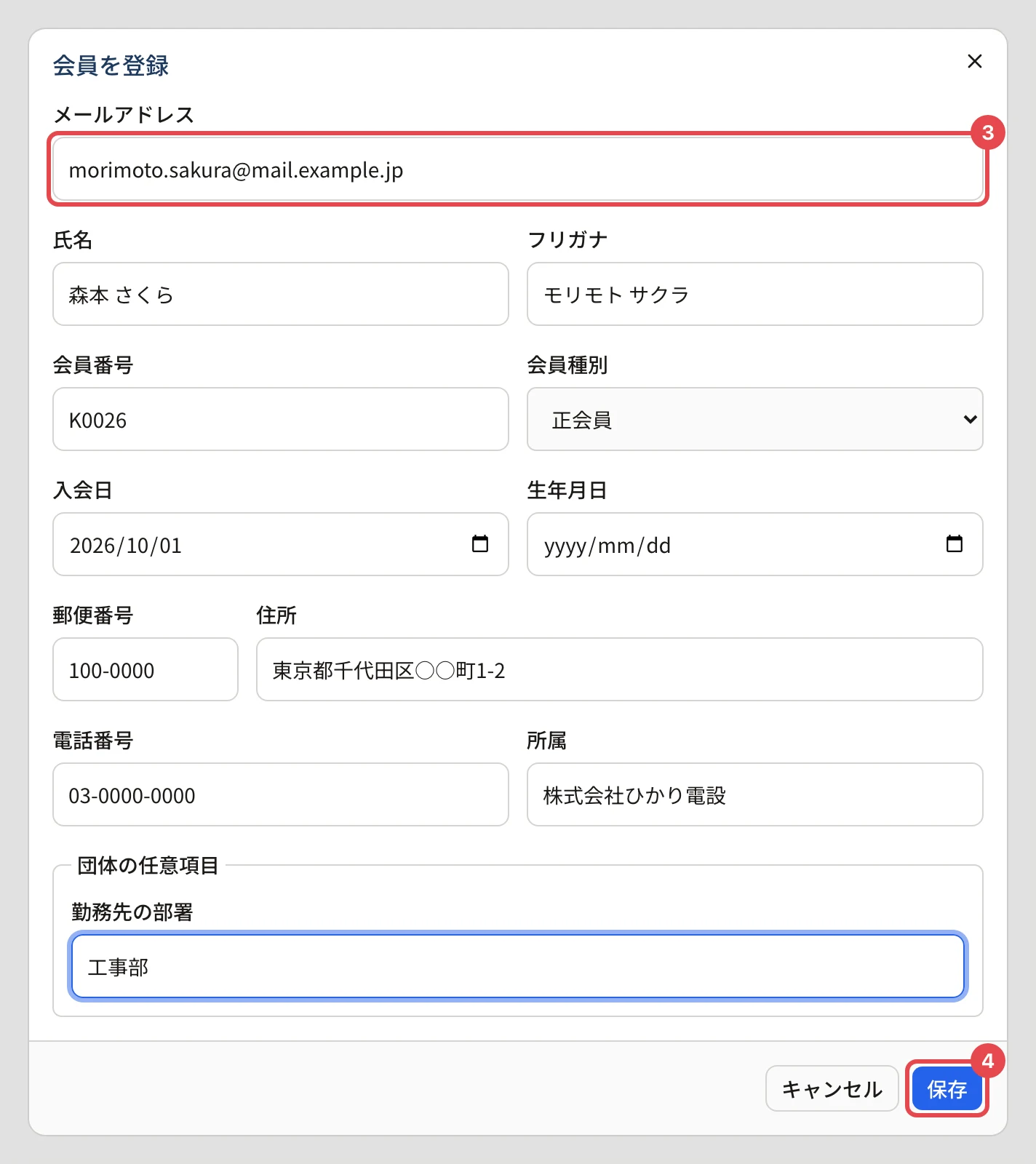 会員を登録のダイアログ。メールアドレスに番号 3、「保存」に番号 4 の枠。氏名・フリガナ・会員番号・入会日・住所・電話番号・所属・勤務先の部署が書き入れてある
