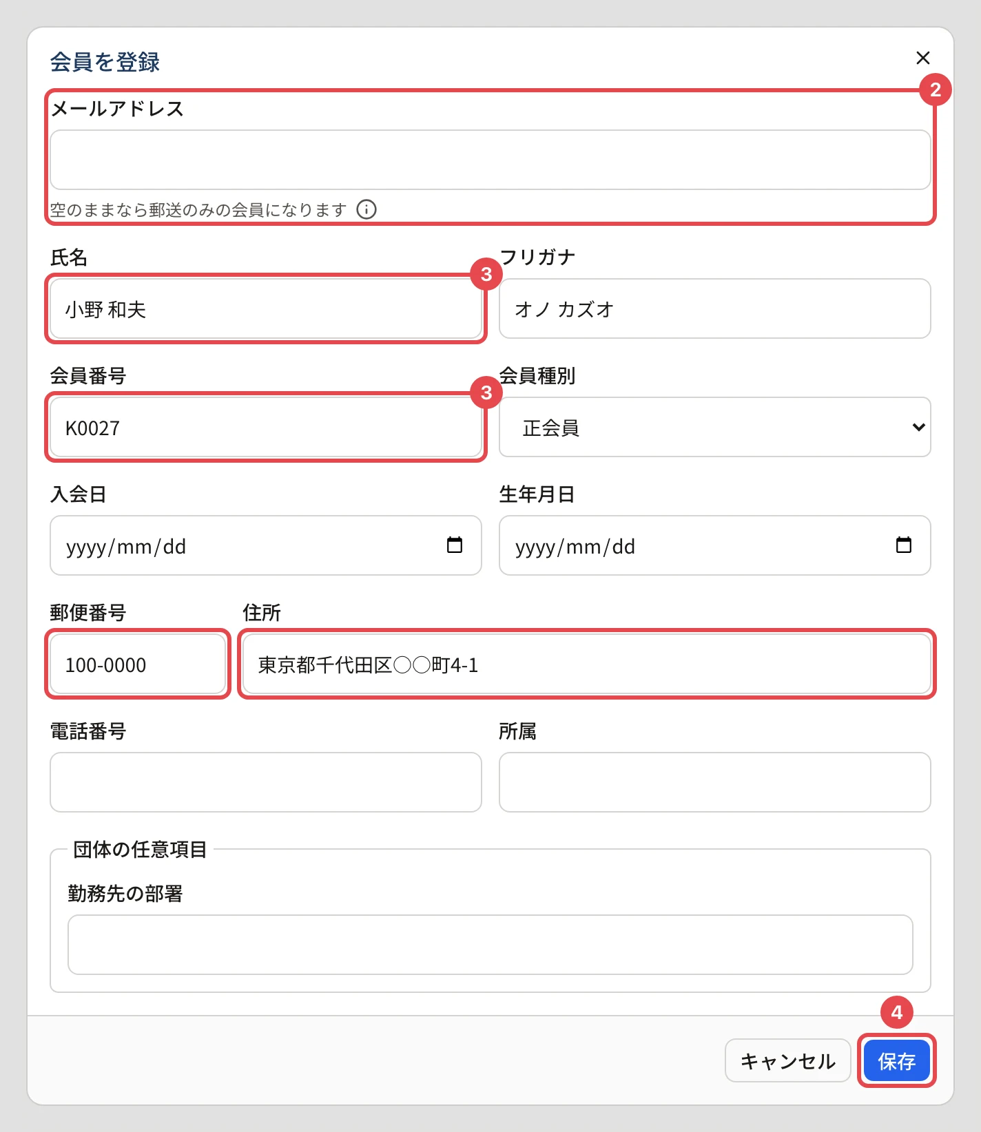 「会員を登録」のダイアログ。空のメールアドレスの欄と下の「空のままなら郵送のみの会員になります」に番号 2、氏名と会員番号に番号 3、郵便番号・住所の欄に枠、「保存」に番号 4 の枠