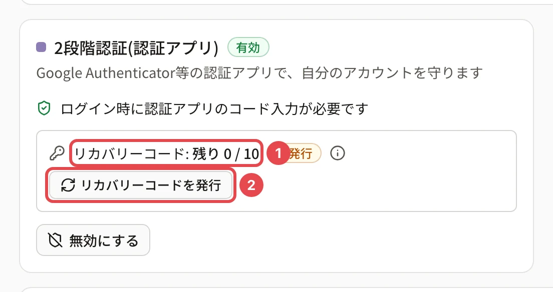 2段階認証のカード(有効)。「リカバリーコード: 残り 0 / 10」と「未発行」に番号 1、「リカバリーコードを発行」に番号 2 の枠
