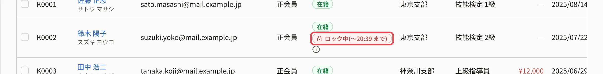 鈴木 陽子さんの行。状態の列の「ロック中(〜時刻 まで)」に枠、行の「…」に番号 1 の枠