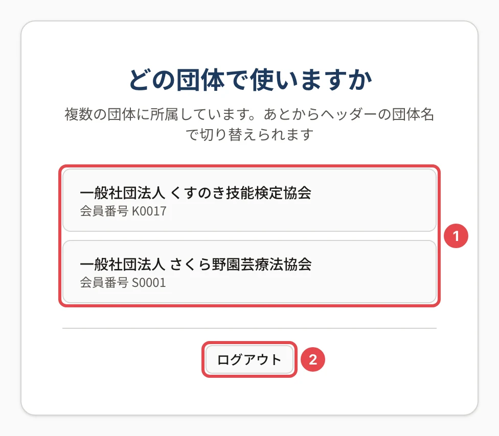 「どの団体で使いますか」の画面。団体の一覧に番号 1、下のログアウトに番号 2 の枠