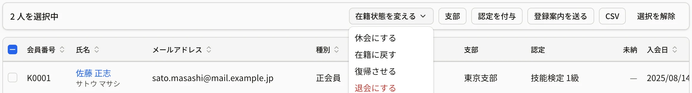 一括操作のバーの「在籍状態を変える」を押して、休会にする・在籍に戻す・復帰させる・退会にするのメニューが開いたところ