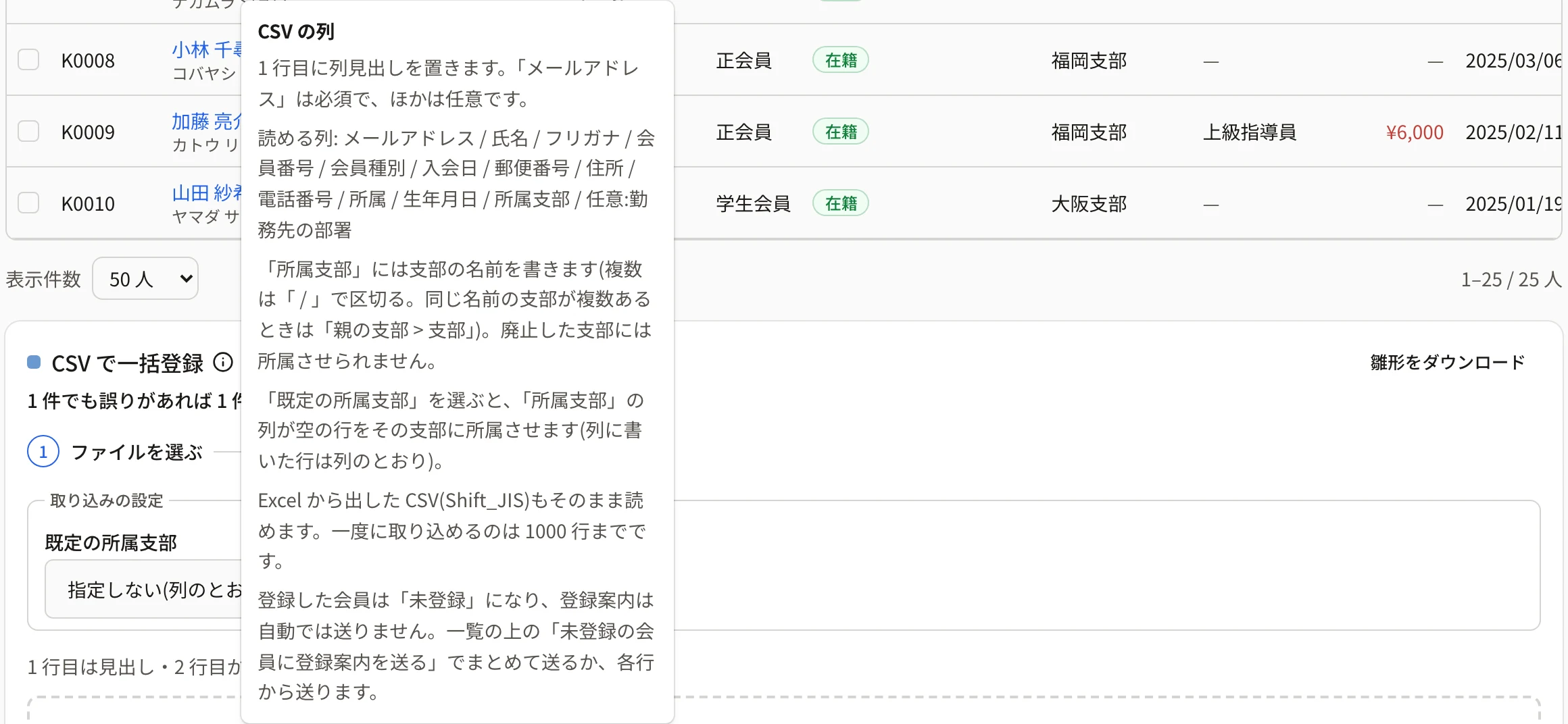 CSV で一括登録の「i」を押して「CSV の列」の説明が開いたところ。1 行目に列見出しを置く・読める列・所属支部の書き方・Shift_JIS も読める・1000 行まで・登録した会員は未登録になる、と書かれている