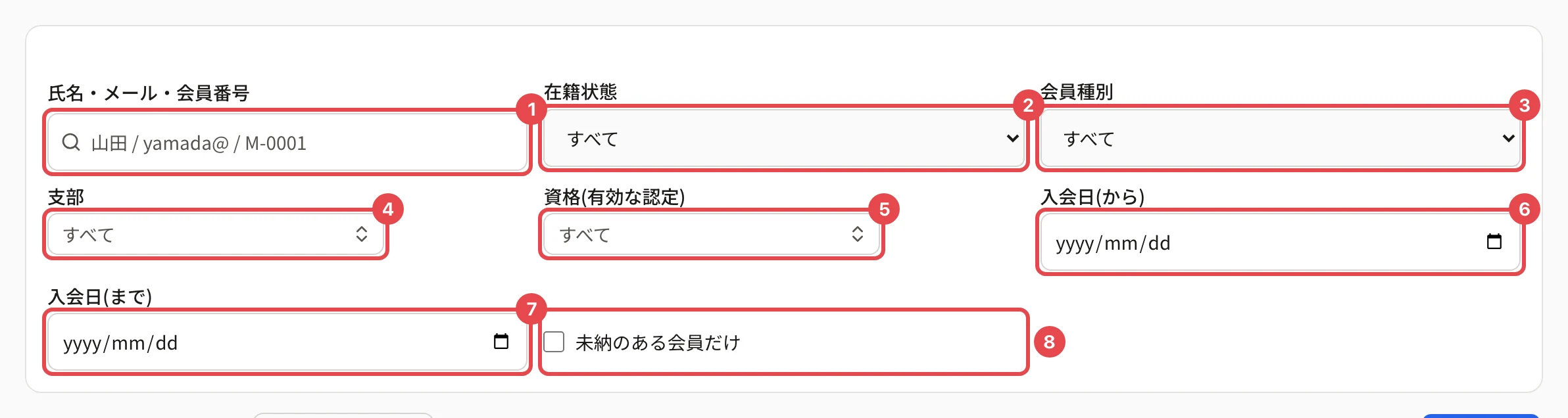 会員の絞り込みの欄。氏名・メール・会員番号の検索に番号 1、在籍状態に番号 2、会員種別に番号 3、支部に番号 4、資格(有効な認定)に番号 5、入会日(から)に番号 6、入会日(まで)に番号 7、未納のある会員だけに番号 8 の枠