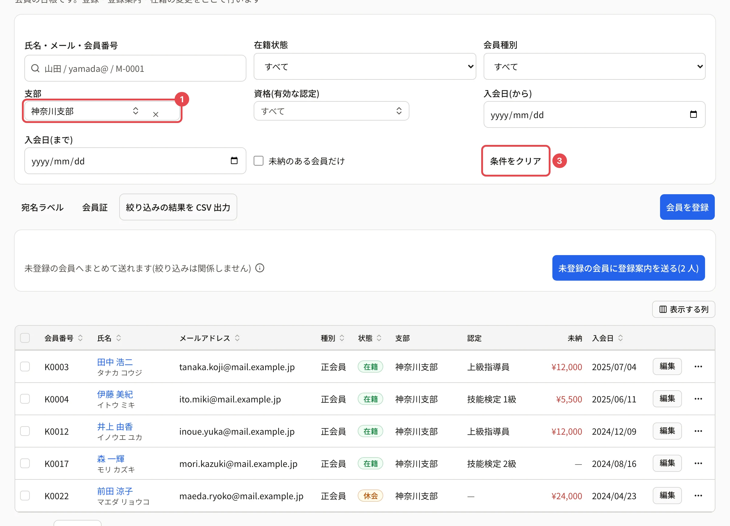 支部で「神奈川支部」を選んだところ。支部の欄に番号 1、「条件をクリア」に番号 3 の枠。一覧には神奈川支部の会員 5 人が出ている