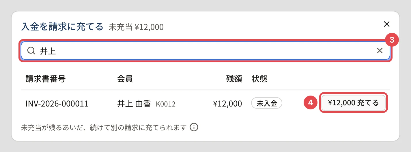 検索の欄に「井上」と入れて、井上 由香の請求だけに絞ったところ。検索の欄に番号 3、「¥12,000 充てる」に番号 4 の枠