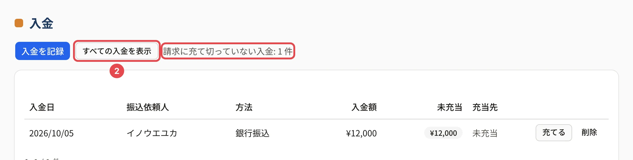 入金の画面で未充当だけを表示したところ。押した後に「すべての入金を表示」に変わったボタンに番号 2、その横の「請求に充て切っていない入金: 1 件」に枠。下に未充当の入金と「充てる」