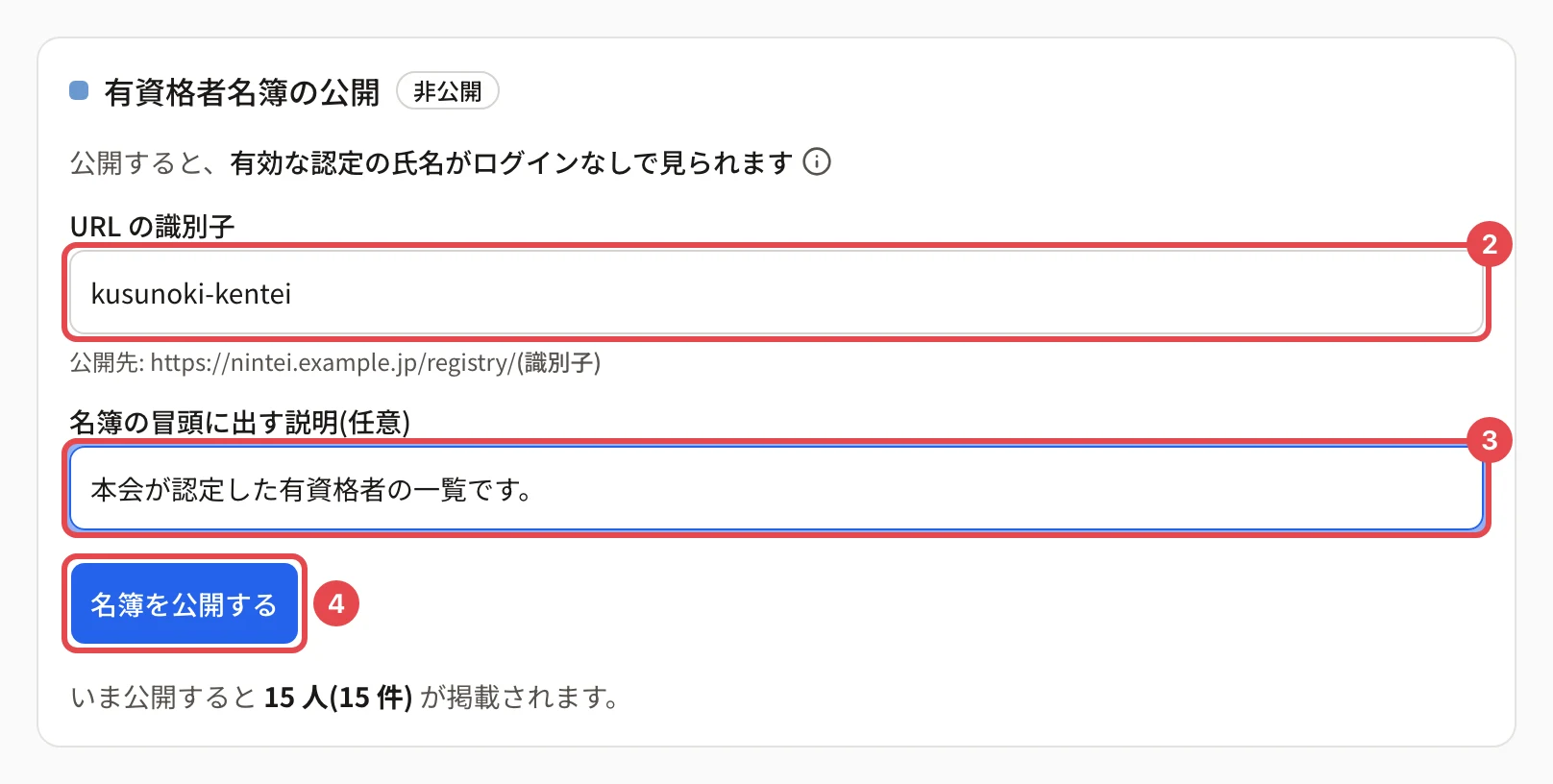 有資格者名簿の公開のカード。URL の識別子に番号 2、名簿の冒頭に出す説明に番号 3、「名簿を公開する」に番号 4 の枠