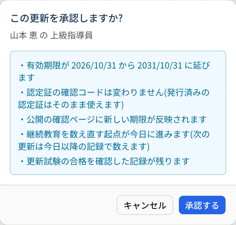 「この更新を承認しますか?」のダイアログ。山本 恵の上級指導員。「有効期限が 2026/10/31 から 2031/10/31 に延びます」ほかに、「更新試験の合格を確認した記録が残ります」が出ている
