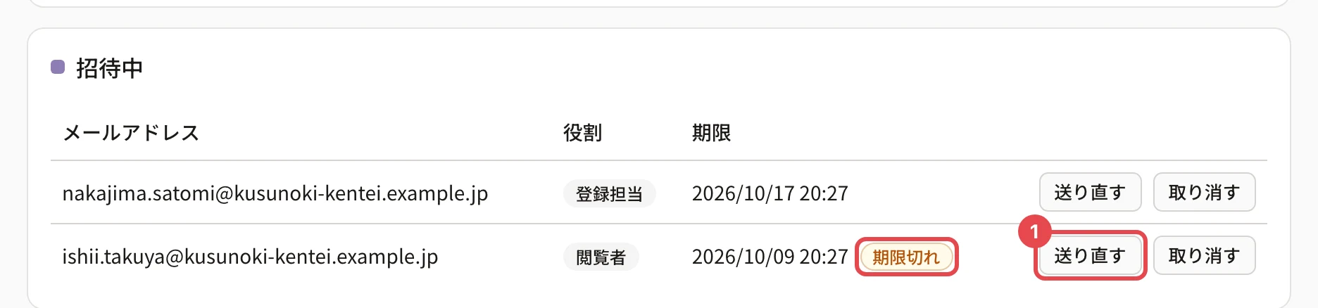 招待中の一覧。期限切れの行の「期限切れ」の印に枠、「送り直す」に番号 1 の枠