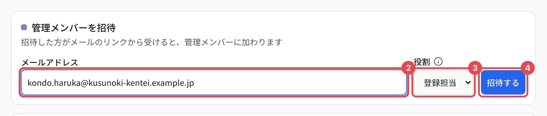 管理メンバーを招待の欄。メールアドレスに番号 2、役割の選択(登録担当)に番号 3、「招待する」に番号 4 の枠