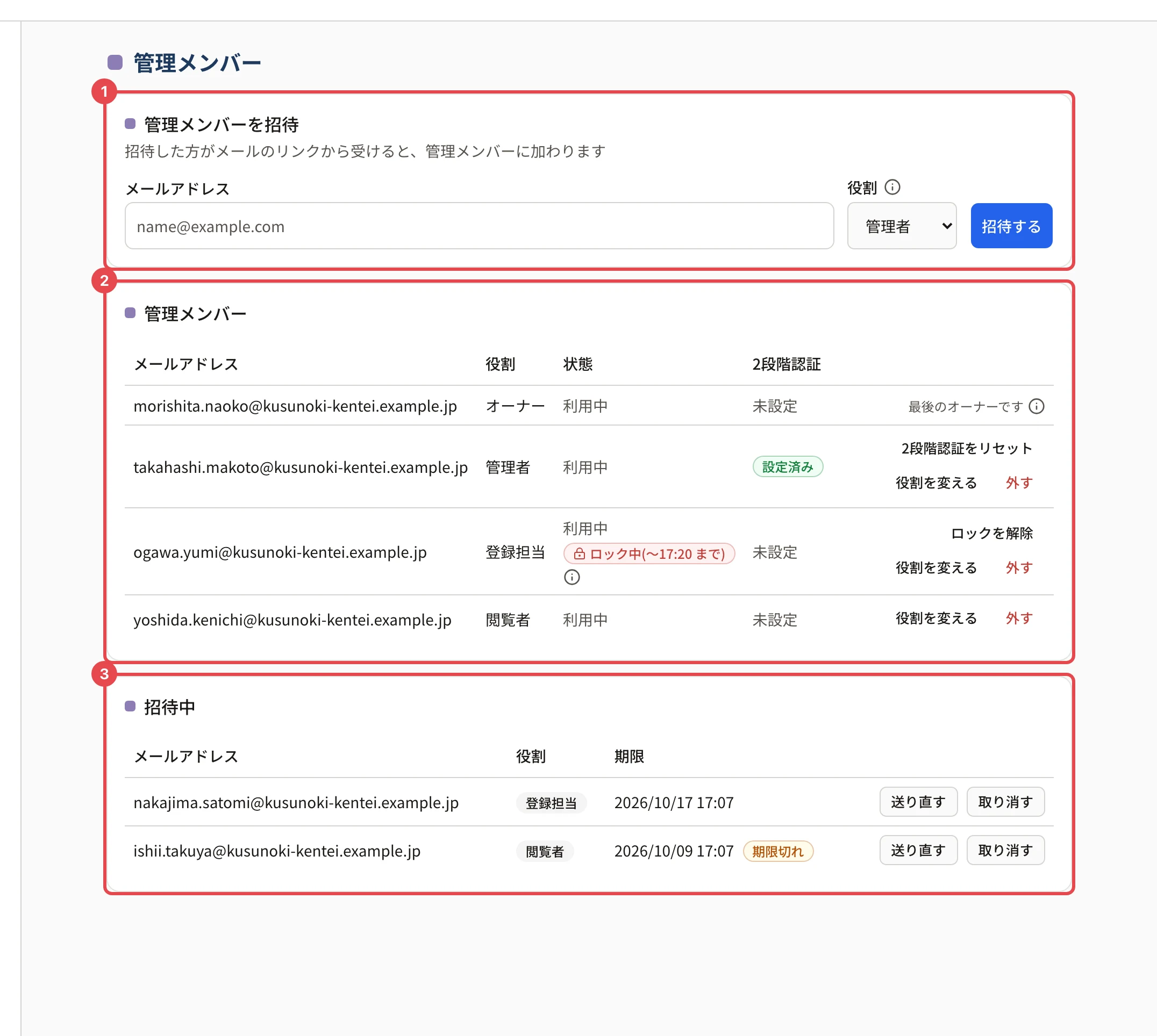 管理メンバーの画面。「管理メンバーを招待」に番号 1、「管理メンバー」の一覧に番号 2、「招待中」の一覧に番号 3 の枠