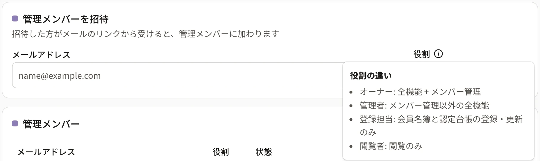 管理メンバーを招待の欄で、役割の「i」を押して「役割の違い」が開いたところ。オーナー: 全機能 + メンバー管理、管理者: メンバー管理以外の全機能、登録担当: 会員名簿と認定台帳の登録・更新のみ、閲覧者: 閲覧のみ