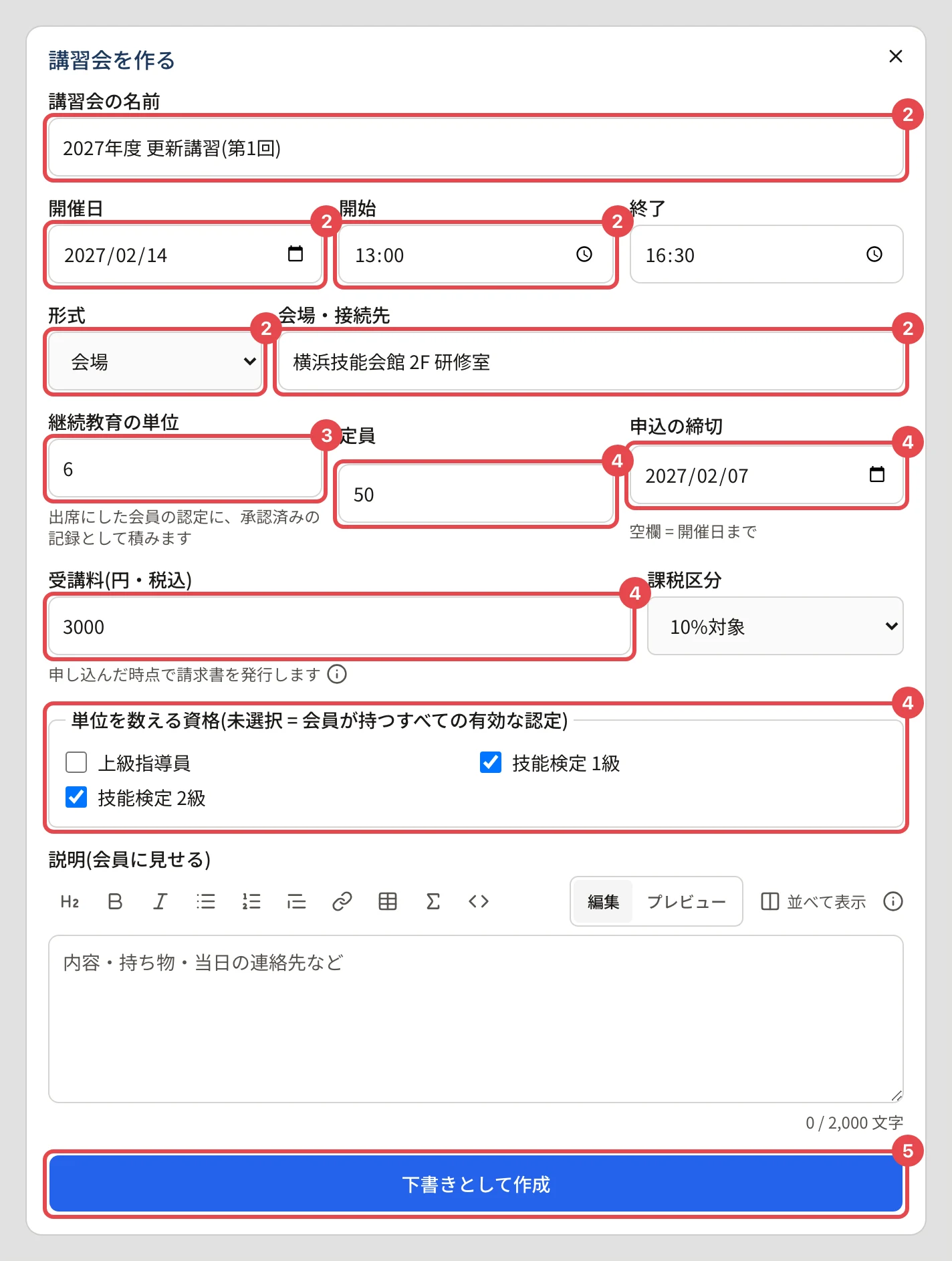「講習会を作る」のダイアログ。講習会の名前・開催日・開始・形式・会場に番号 2、継続教育の単位に番号 3、定員・申込の締切・受講料・単位を数える資格に番号 4、「下書きとして作成」に番号 5 の枠