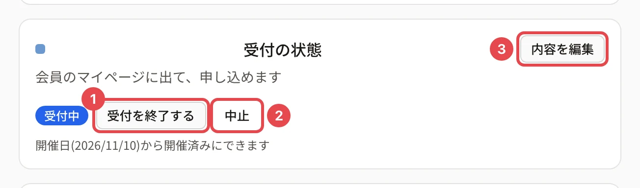 受付中の講習会の「受付の状態」。「受付を終了する」に番号 1、「中止」に番号 2、「内容を編集」に番号 3 の枠。下に「開催日(2026/11/10)から開催済みにできます」