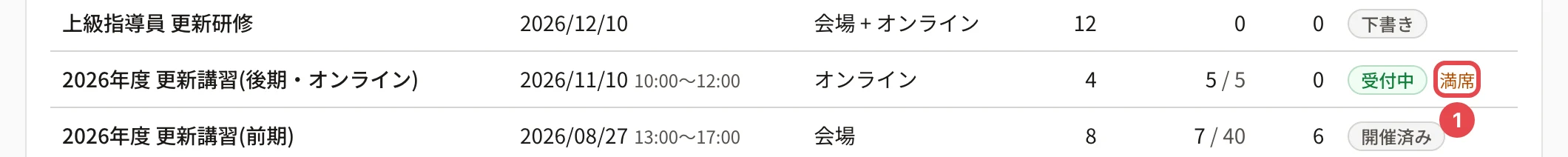 講習会の一覧。受付中の講習会の状態の横の「満席」に番号 1 の枠