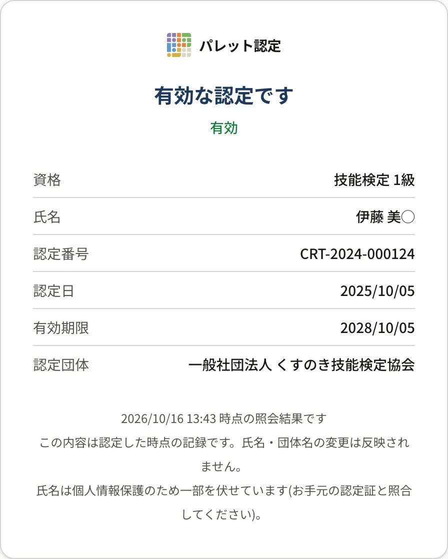 確認ページ(有効)。「有効な認定です」「有効」の下に、資格 技能検定 1級・氏名(一部を伏せた形)・認定番号・認定日・有効期限・認定団体と、照会の日時、「氏名は個人情報保護のため一部を伏せています(お手元の認定証と照合してください)。」が出ている