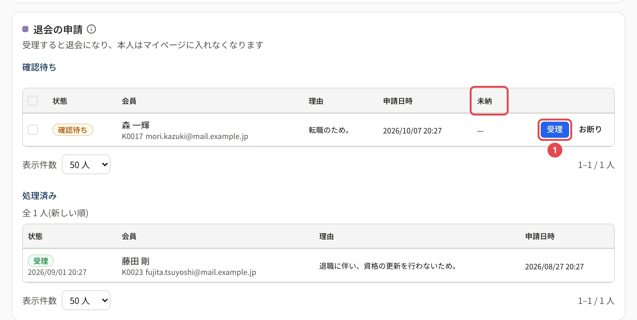 退会の申請のカード。森 一輝さんの行の「受理」に番号 1 の枠、「未納」の列に枠