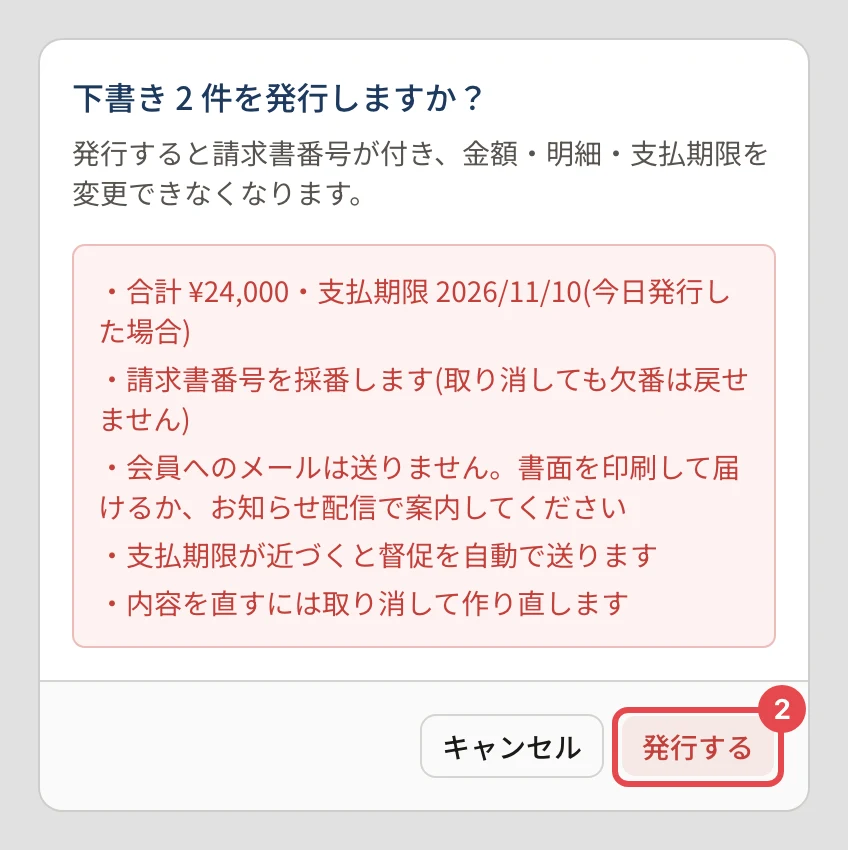 「下書き 2 件を発行しますか?」の確認。「合計 ¥24,000・支払期限 2026/11/10(今日発行した場合)」「請求書番号を採番します(取り消しても欠番は戻せません)」「会員へのメールは送りません…」「支払期限が近づくと督促を自動で送ります」「内容を直すには取り消して作り直します」の下の「発行する」に番号 2 の枠