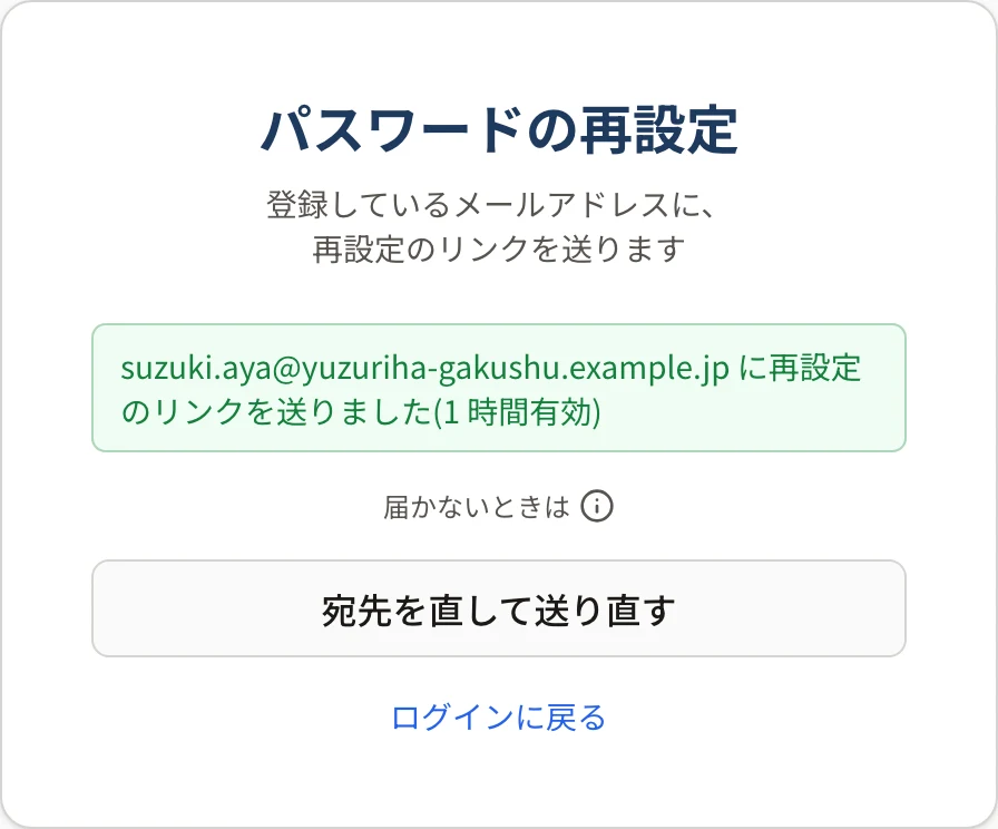 「パスワードの再設定」の画面。緑の地で「(メールアドレス)に再設定のリンクを送りました(1 時間有効)」、その下に「届かないときは」と「宛先を直して送り直す」ボタンがある