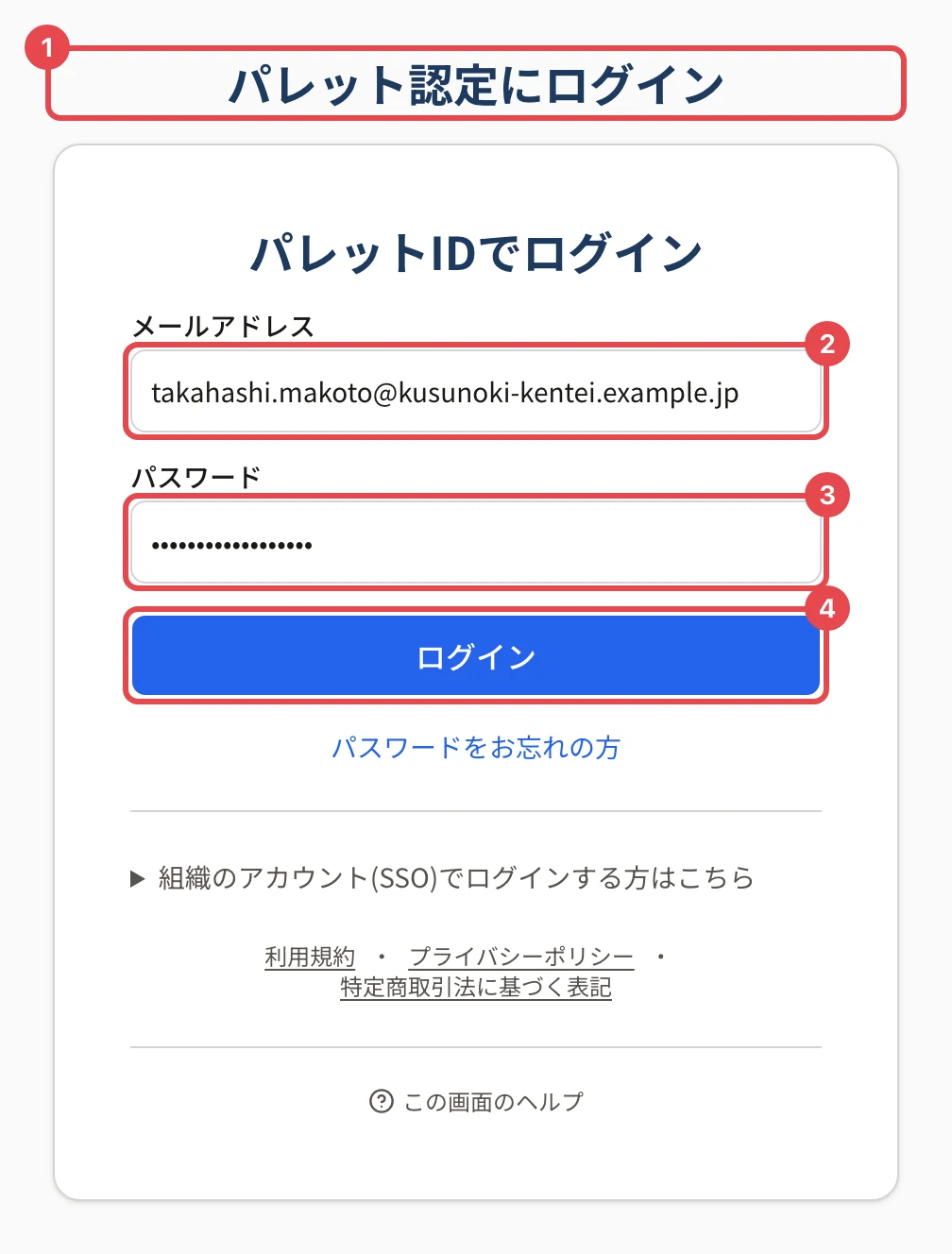 パレットIDのログインの画面。見出し「パレット認定にログイン」に枠と番号 1、カード「パレットIDでログイン」のメールアドレスの欄に枠と番号 2、パスワードの欄に枠と番号 3、「ログイン」ボタンに枠と番号 4