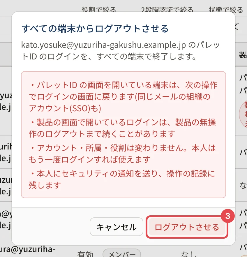 「すべての端末からログアウトさせる」の確認。パレットIDの画面を開いている端末は次の操作でログインの画面に戻ること、製品の画面のログインは製品の無操作のログアウトまで続くことがあること、本人に通知することの注意があり、「ログアウトさせる」に番号 3 の枠がある