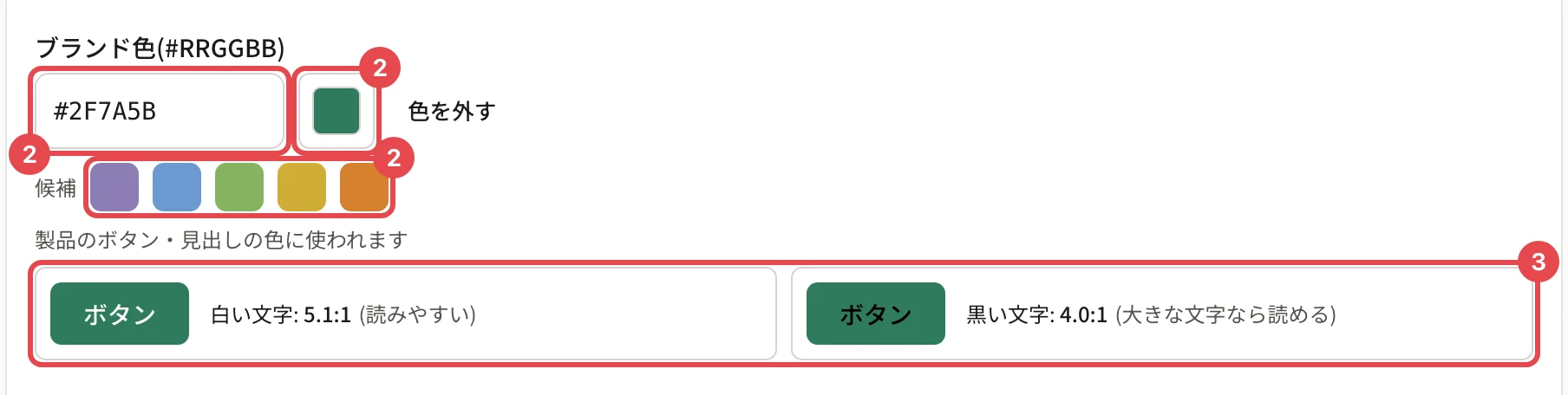 ブランド色の欄。カラーコードの欄・色を選ぶ四角・候補の 5 色にそれぞれ番号 2、白い文字・黒い文字を載せた「ボタン」の見本に番号 3 の枠がある