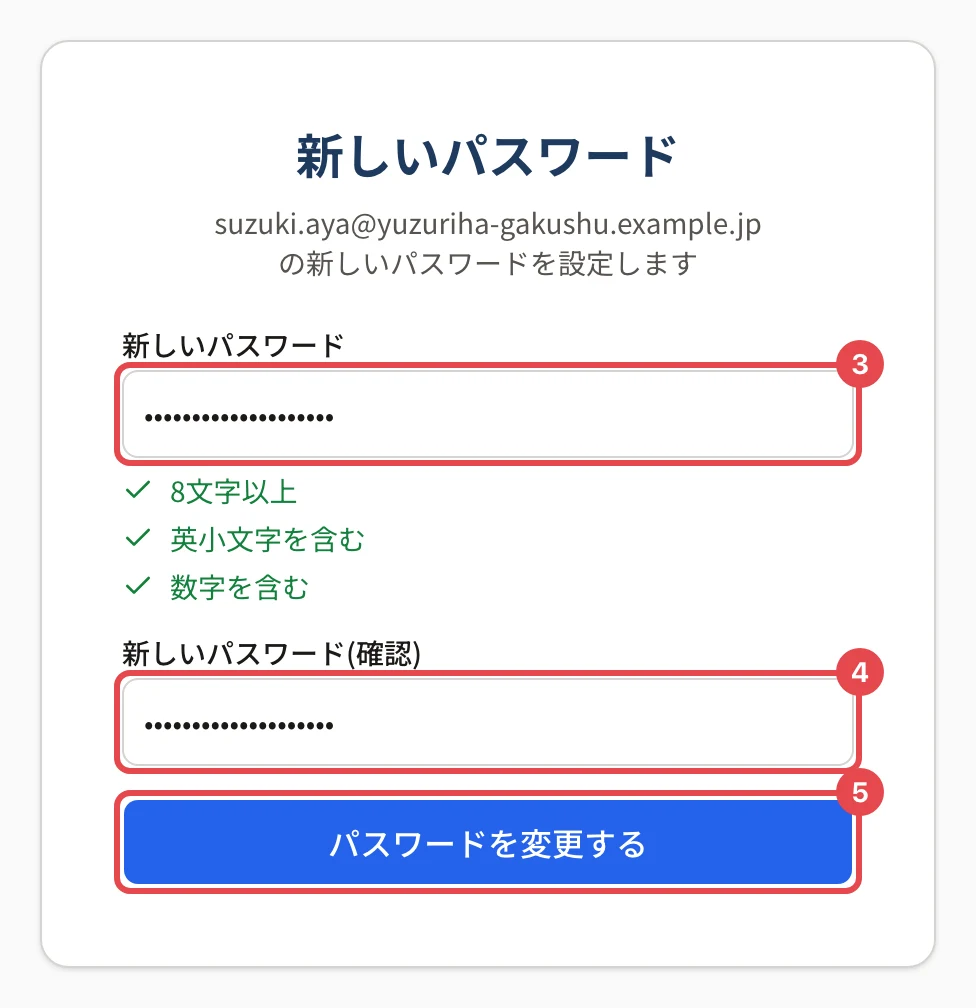 「新しいパスワード」の画面。新しいパスワードの欄に番号 3、確認の欄に番号 4、「パスワードを変更する」ボタンに番号 5 の枠がある。条件の「8文字以上」「英小文字を含む」「数字を含む」がチェックになっている