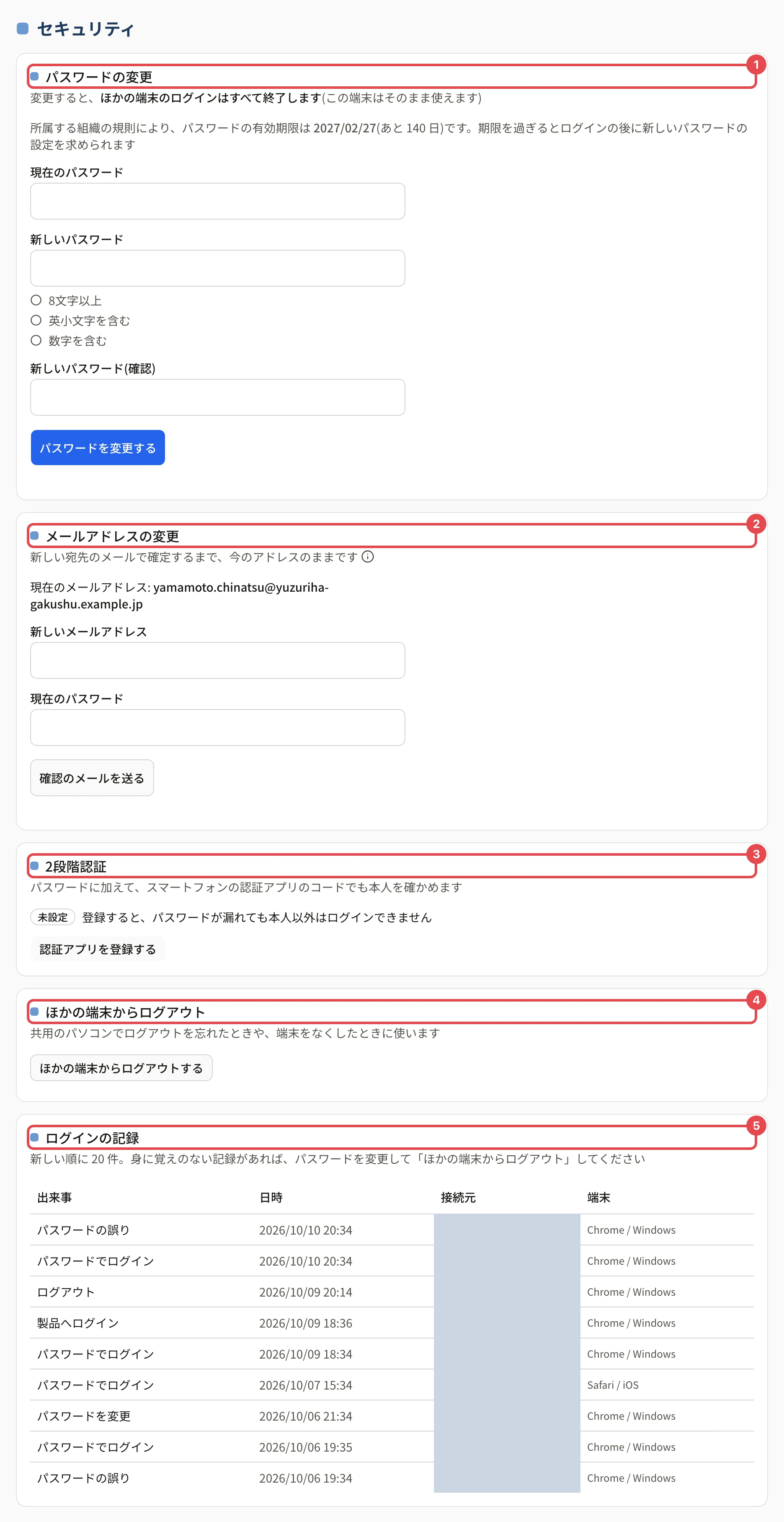 セキュリティの画面の全体。「パスワードの変更」に 1、「メールアドレスの変更」に 2、「2段階認証」に 3、「ほかの端末からログアウト」に 4、「ログインの記録」に 5 の枠がある。ログインの記録の接続元の列は伏せている