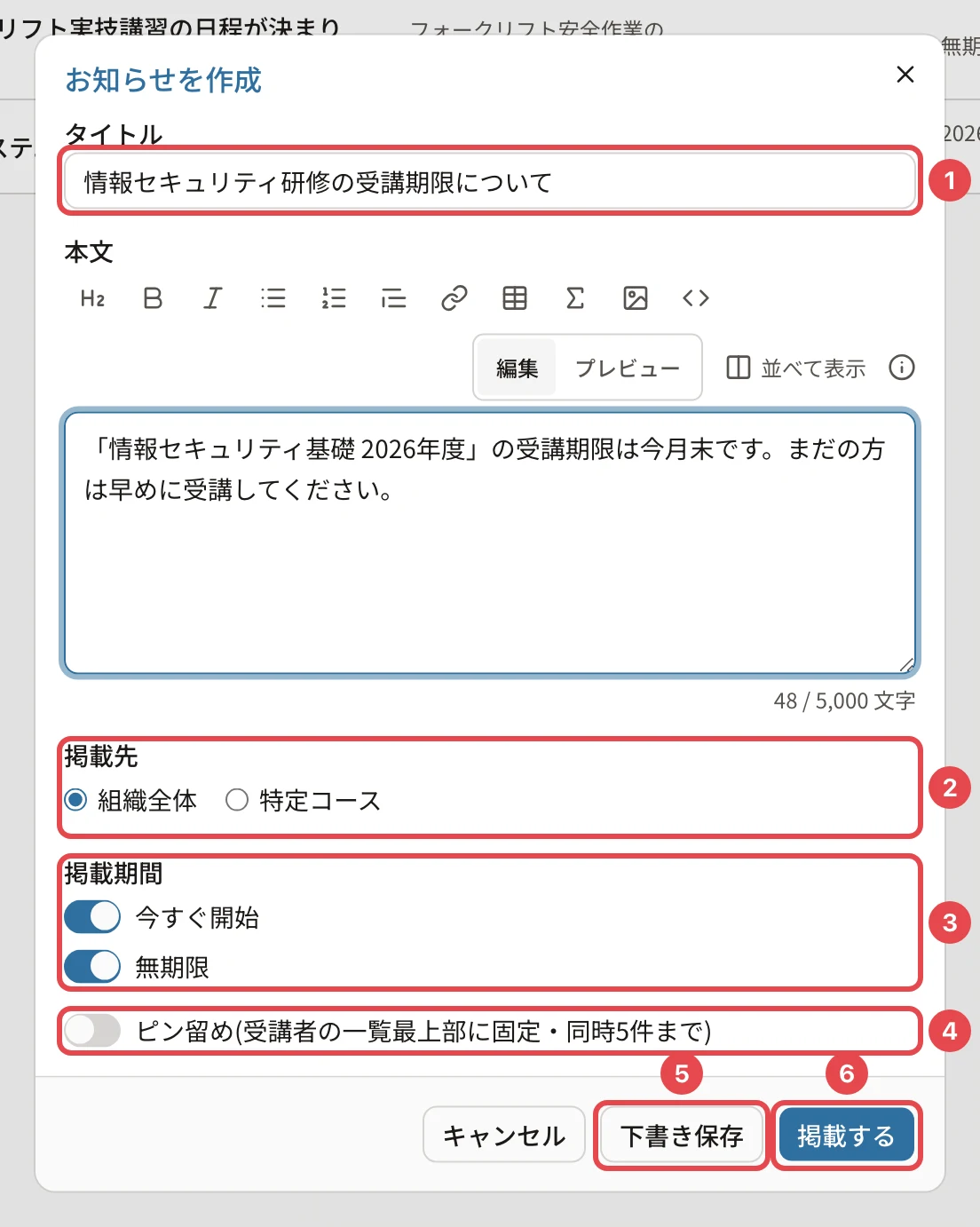 「お知らせを作成」のダイアログ。タイトルに番号1、掲載先に番号2、掲載期間に番号3、ピン留めに番号4、「下書き保存」に番号5、「掲載する」に番号6の枠