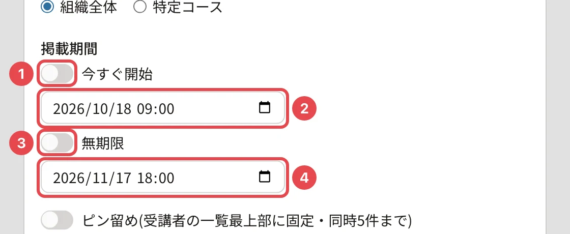 掲載期間の欄。「今すぐ開始」のスイッチ(オフ)に番号1、開始日時に番号2、「無期限」のスイッチ(オフ)に番号3、終了日時に番号4の枠