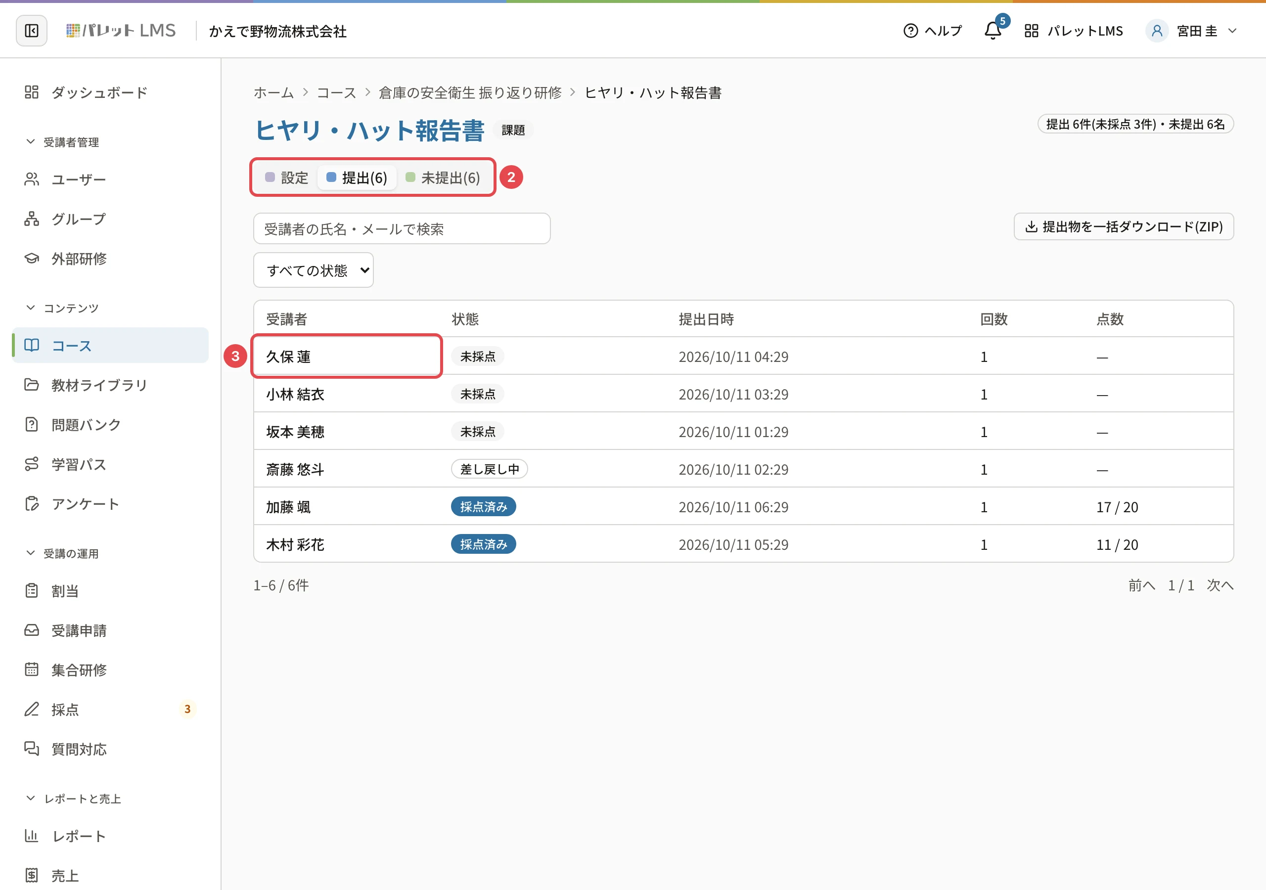 課題の「提出」タブ。タブに番号2、1行目の受講者「久保 蓮」に番号3の枠