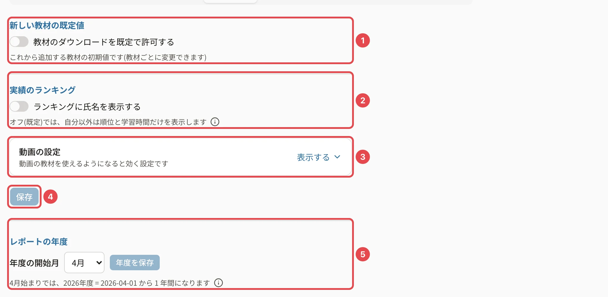 設定の受講設定タブ。新しいコースの既定の視聴ポリシーに番号1、再生速度の上限に番号2、新しい教材の既定値に番号3、動画の字幕に番号4、実績のランキングに番号5、「保存」に番号6、レポートの年度に番号7の枠