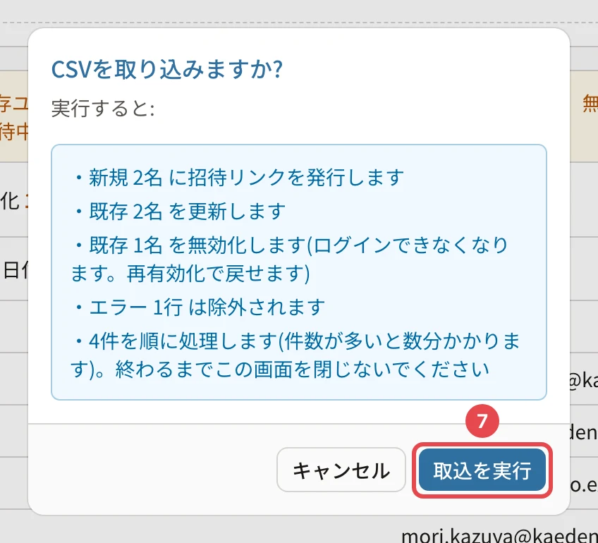 「CSVを取り込みますか?」の確認。新規 2名 に招待リンクを発行します・既存 2名 を更新します・既存 1名 を無効化します・エラー 1行 は除外されます・4件を順に処理します。「取込を実行」に番号7の枠