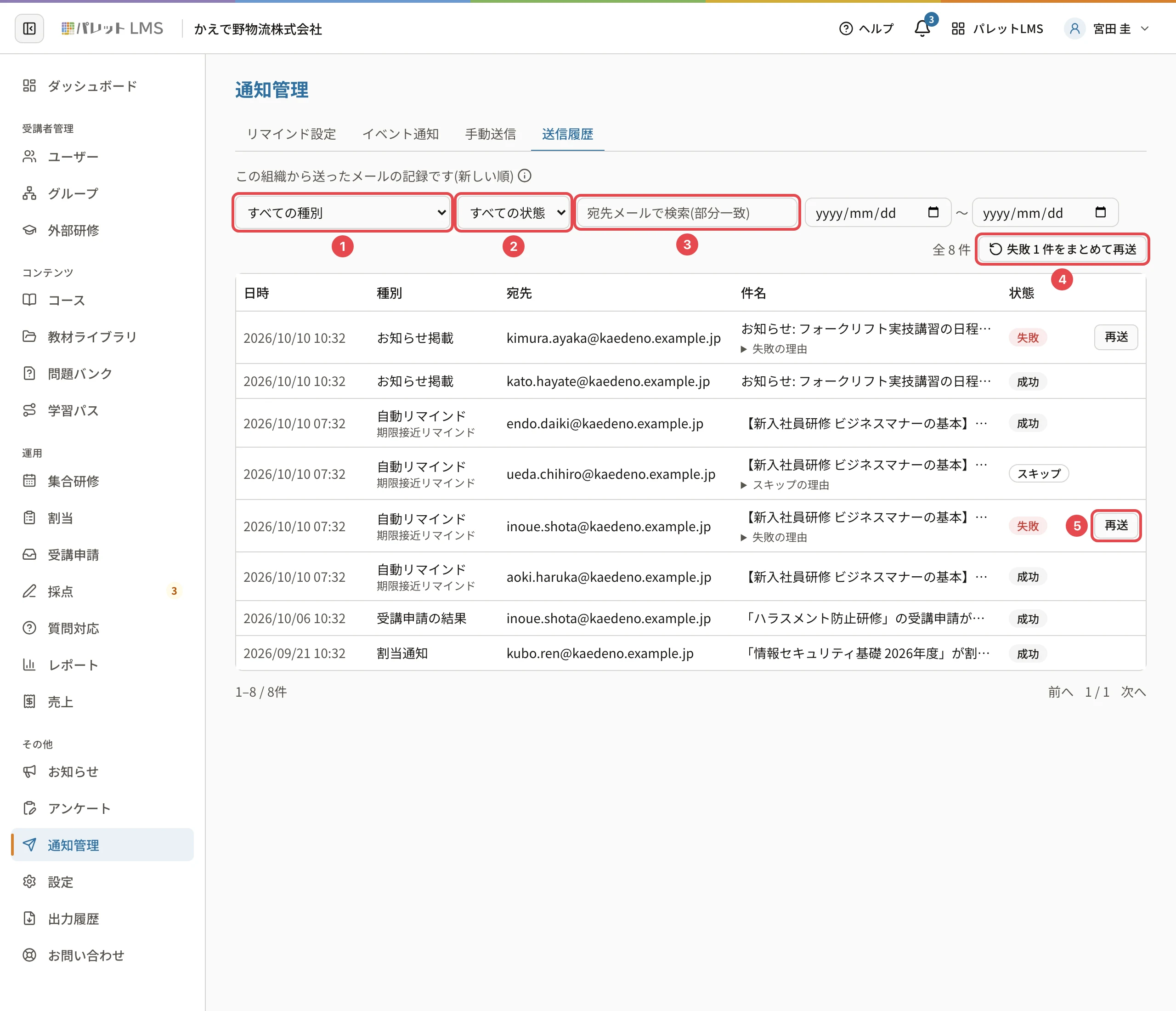 送信履歴。種別の絞り込みに番号1、状態に番号2、宛先メールの検索に番号3、「失敗 1 件をまとめて再送」に番号4、失敗の行の「再送」に番号5の枠