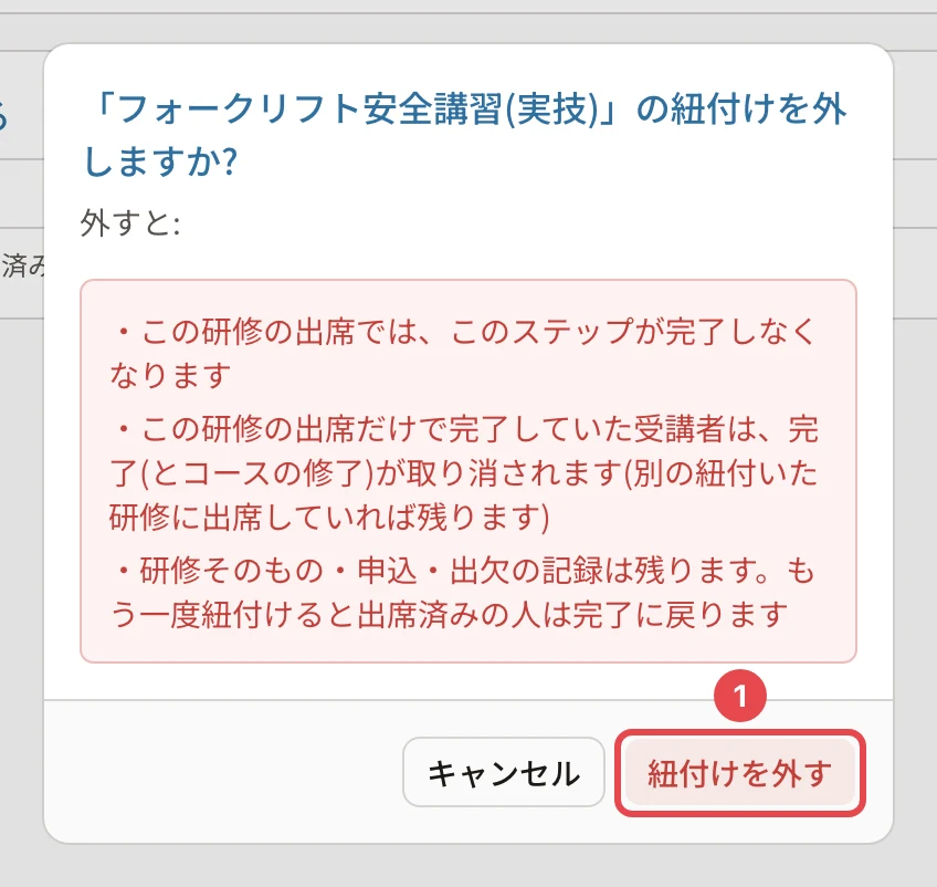 紐付けを外しますか?の確認。この研修の出席では、このステップが完了しなくなります・この研修の出席だけで完了していた受講者は、完了(とコースの修了)が取り消されます・研修そのもの・申込・出欠の記録は残ります。「紐付けを外す」に番号1の枠