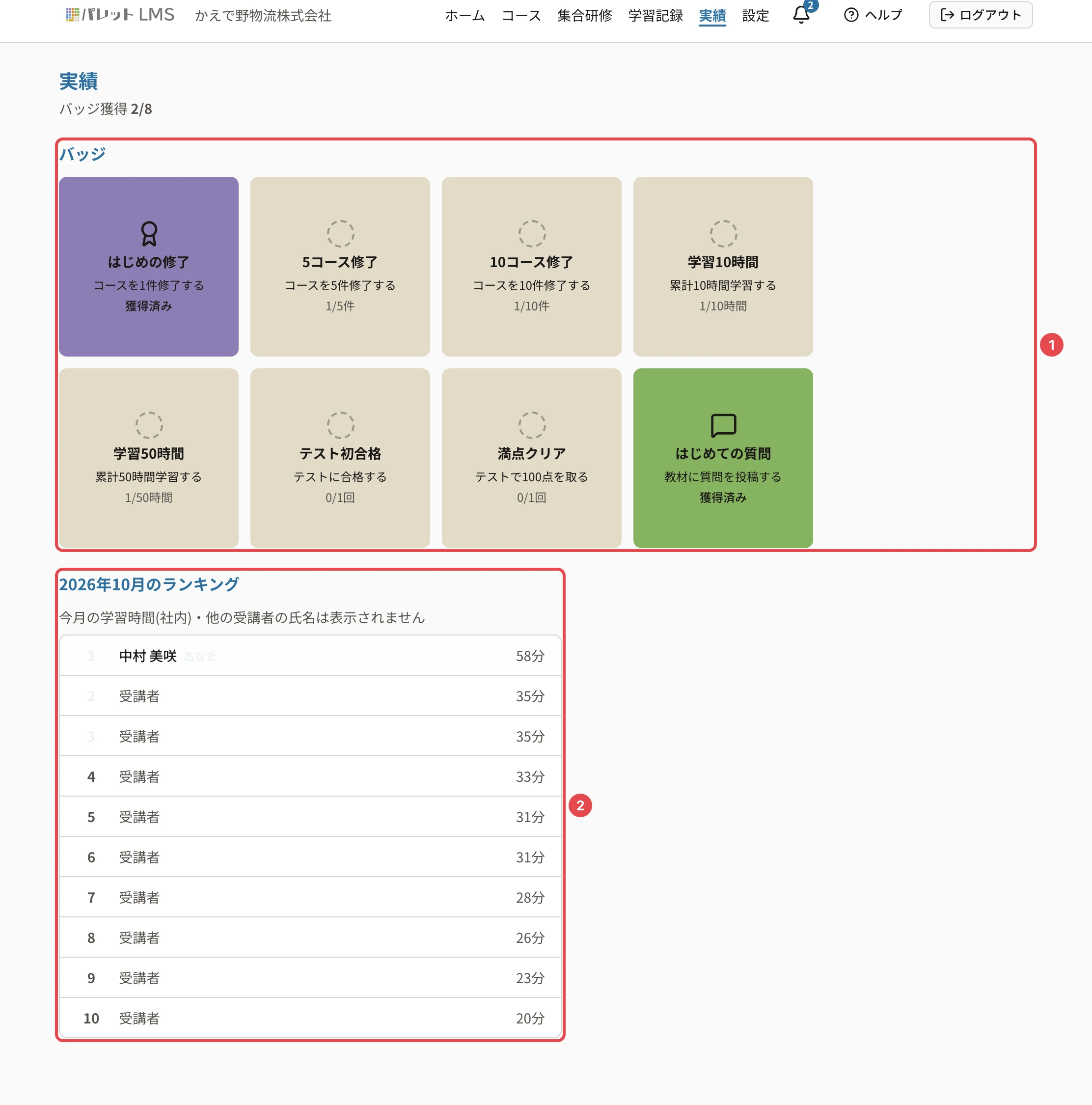 実績の画面。バッジ(はじめの修了は獲得済み・ほかは進み具合つき)に番号1、今月のランキングに番号2の枠