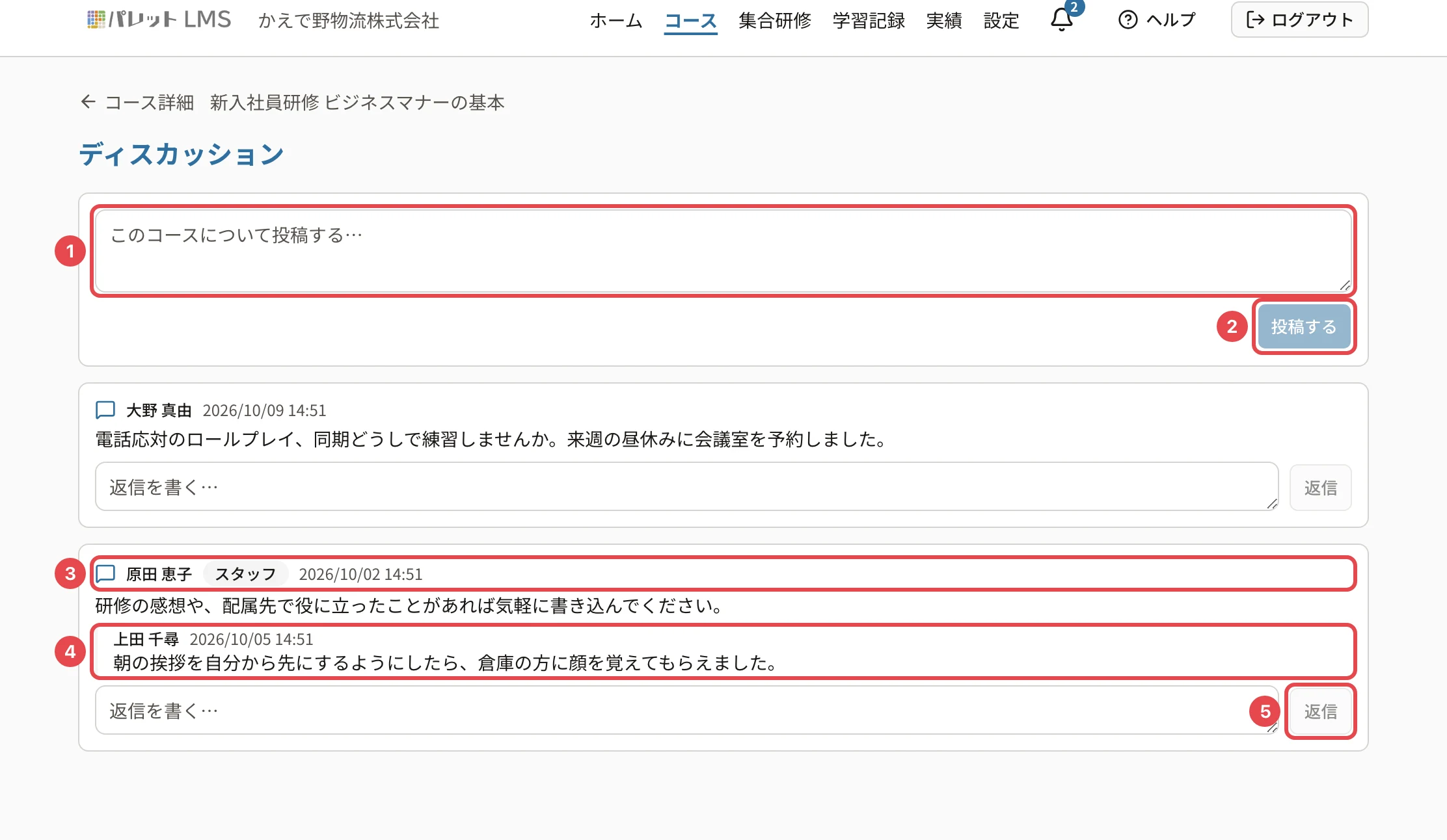 ディスカッションの画面。投稿の欄に番号1、「投稿する」に番号2、投稿者と日時(原田 恵子・スタッフ)に番号3、返信に番号4、「返信」に番号5の枠