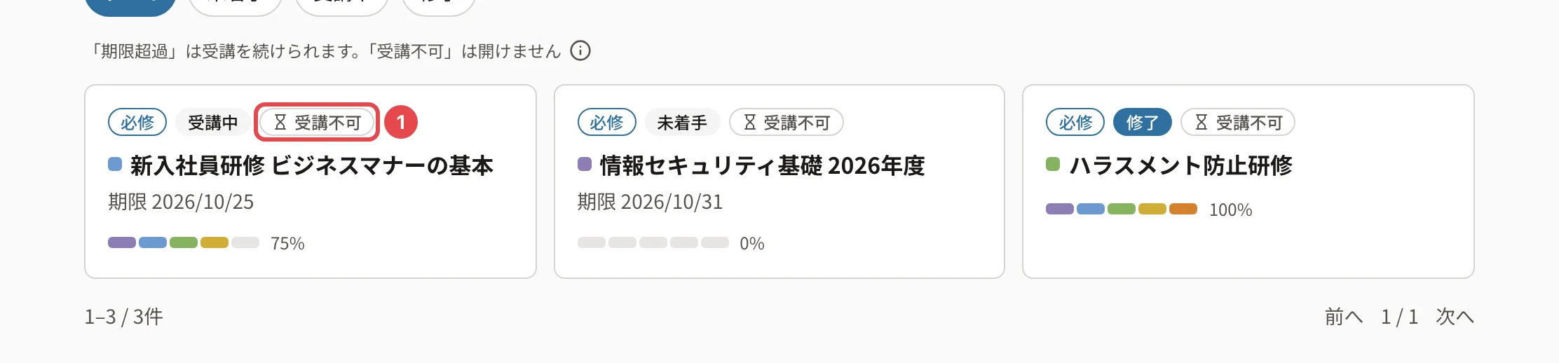 コース一覧のカード。すべてのコースに「受講不可」が付き、最初のカードの「受講不可」に番号1の枠