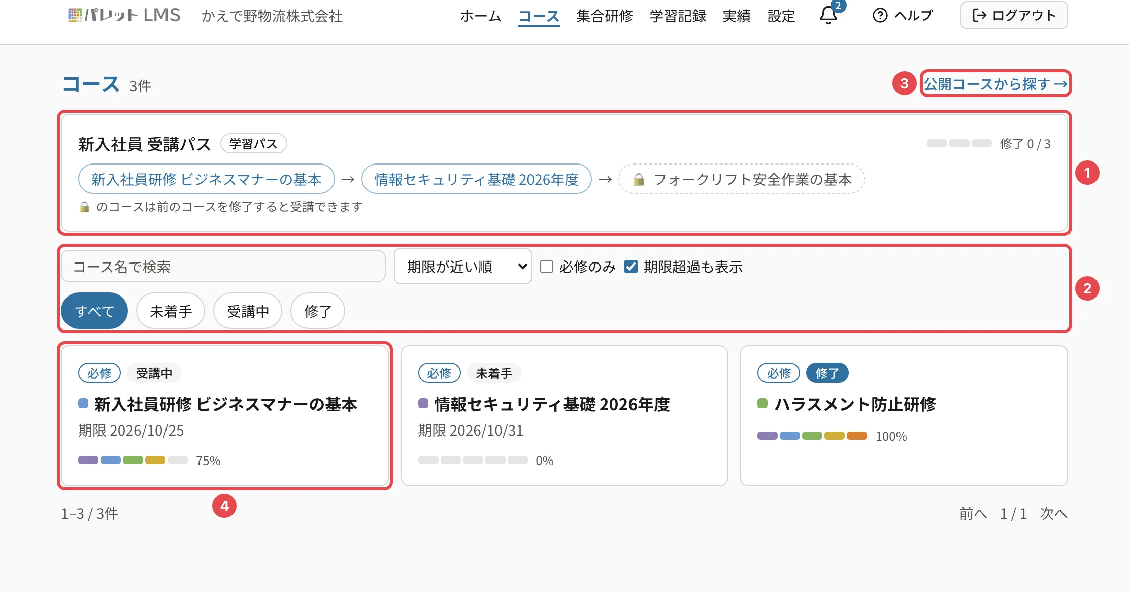 コース一覧の学習パス「新入社員 受講パス」。新入社員研修 ビジネスマナーの基本 → 情報セキュリティ基礎 2026年度 → 🔒 フォークリフト安全作業の基本 と「🔒 のコースは前のコースを修了すると受講できます」に番号1の枠