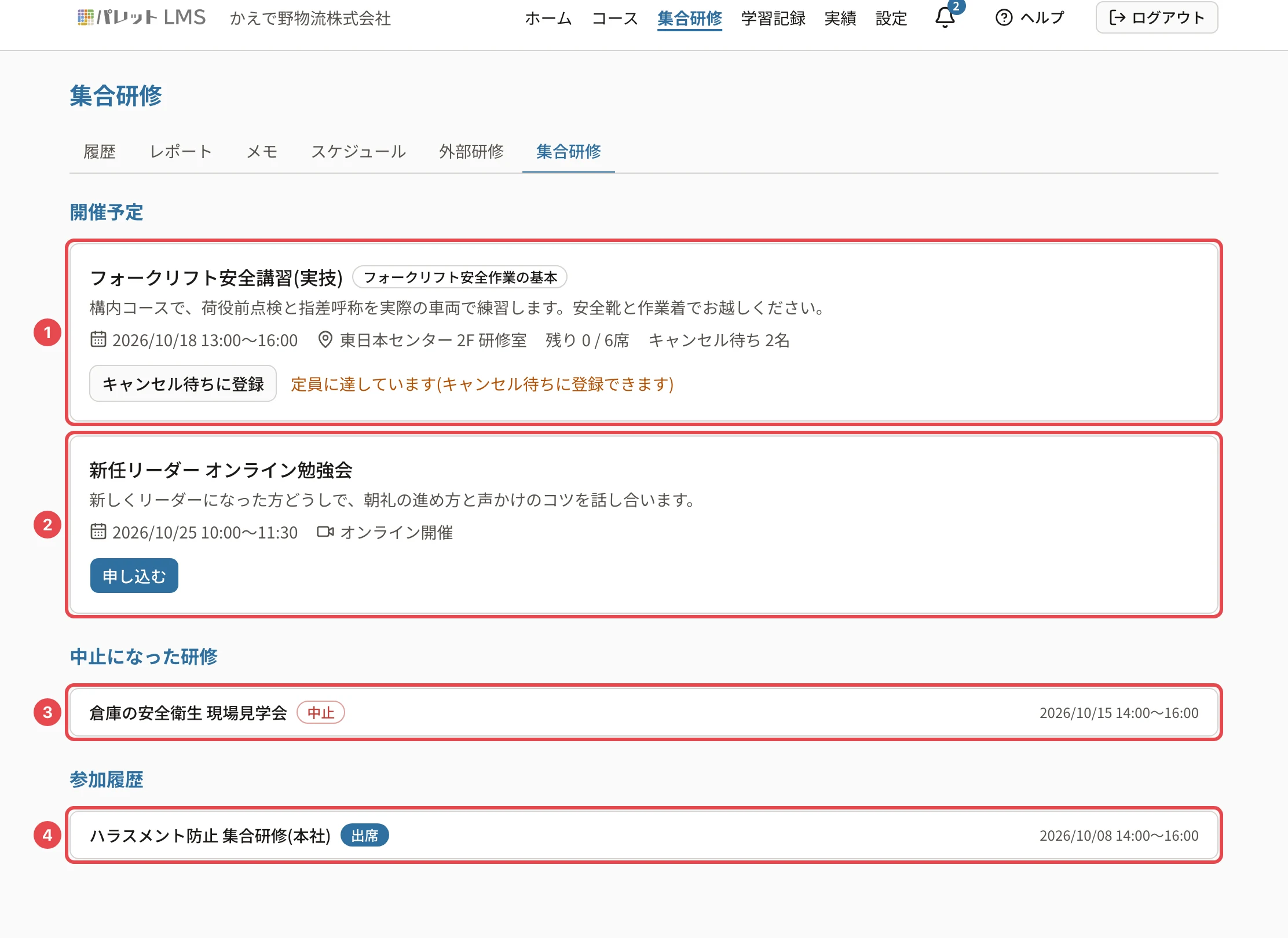 集合研修の画面。満席でキャンセル待ちに登録できる研修に番号1、申し込める研修に番号2、中止になった研修に番号3、参加履歴に番号4の枠