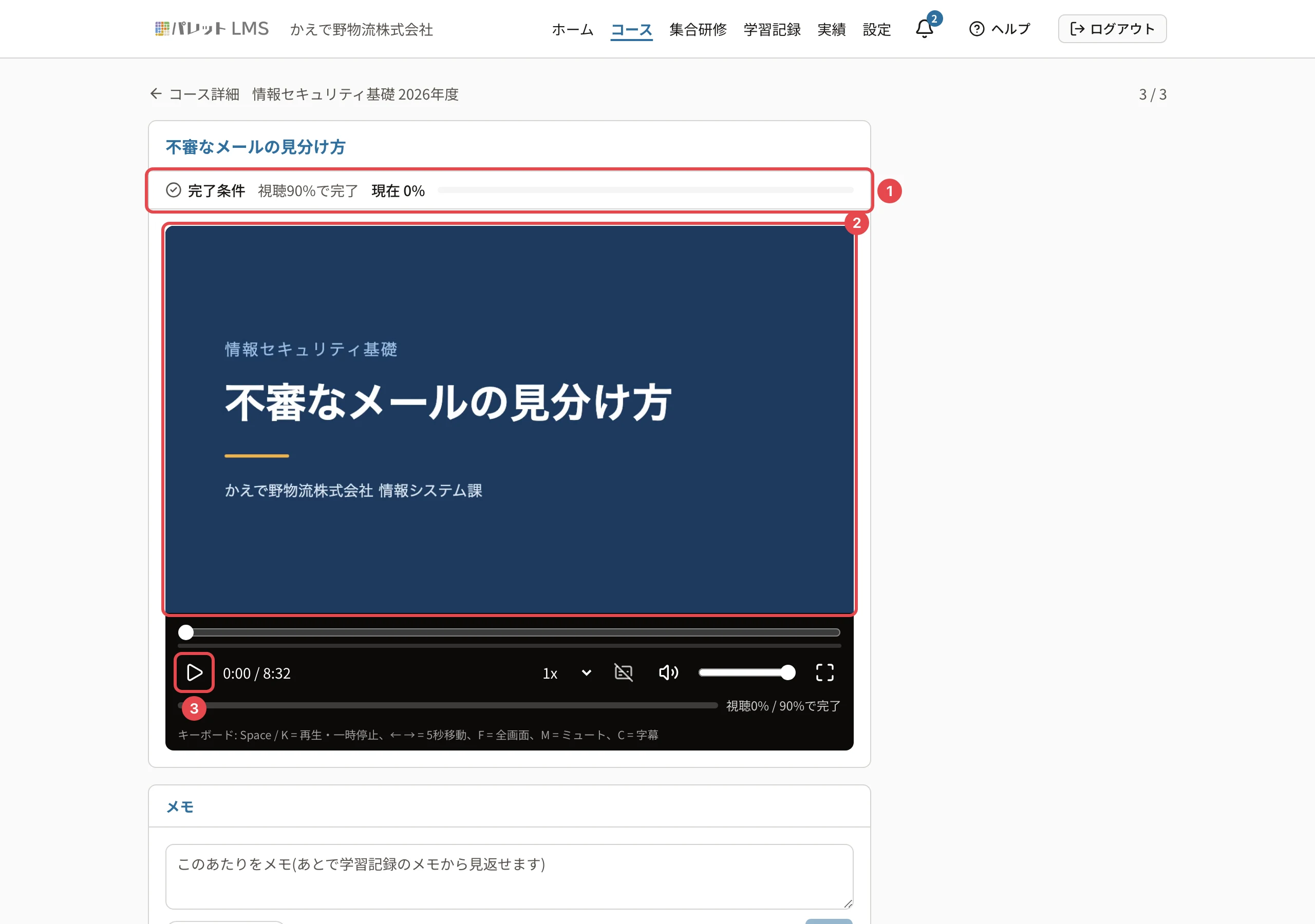 動画の教材の画面。「完了条件 視聴90%で完了 現在 0%」に番号1、動画「不審なメールの見分け方」に番号2、再生のボタンに番号3の枠