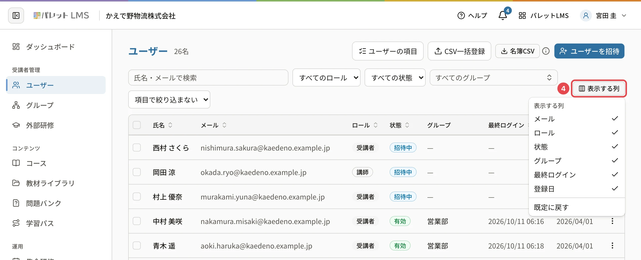 「表示する列」を押して開いたメニュー。メール・ロール・状態・グループ・最終ログイン・登録日にチェックが付き、下に「既定に戻す」。ボタンに番号4の枠