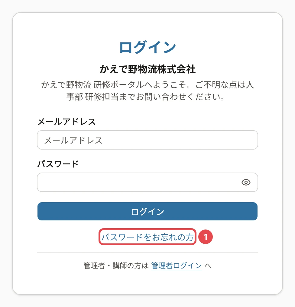 ログインの画面。「パスワードをお忘れの方」のリンクに番号1の枠