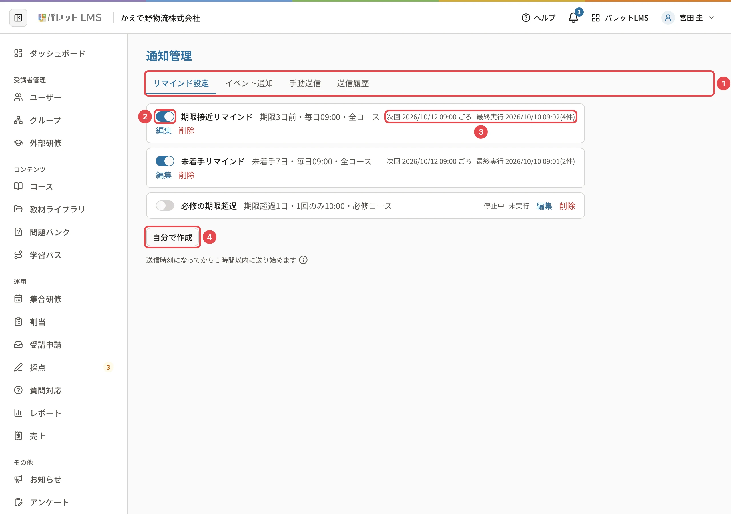 リマインド設定。通知管理のタブに番号1、「期限接近リマインド」のスイッチに番号2、次回と最終実行の表示に番号3、「自分で作成」に番号4の枠