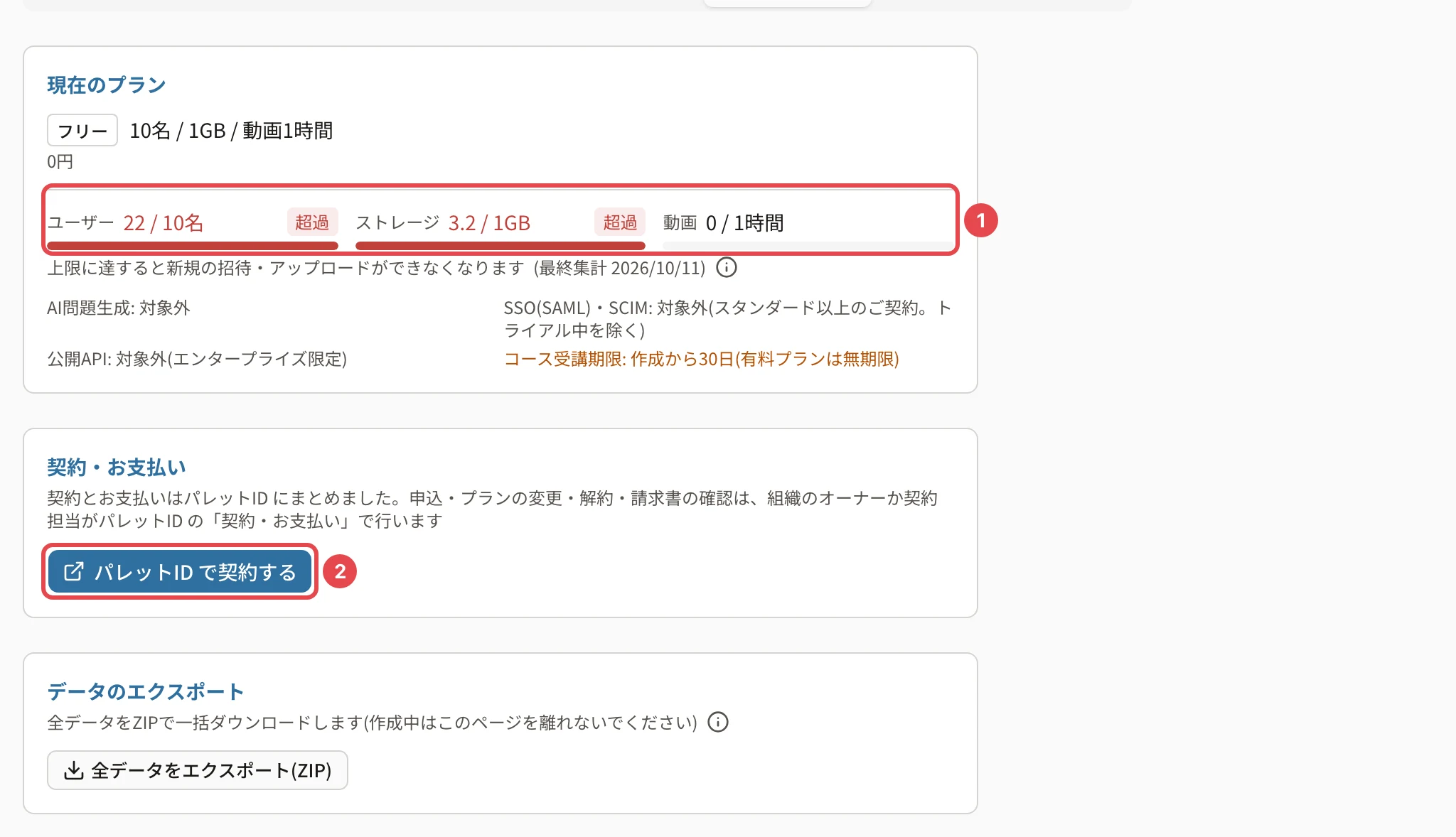 フリープランの契約・プランタブ。「契約・お支払い」の「パレットID で契約する」に番号2の枠