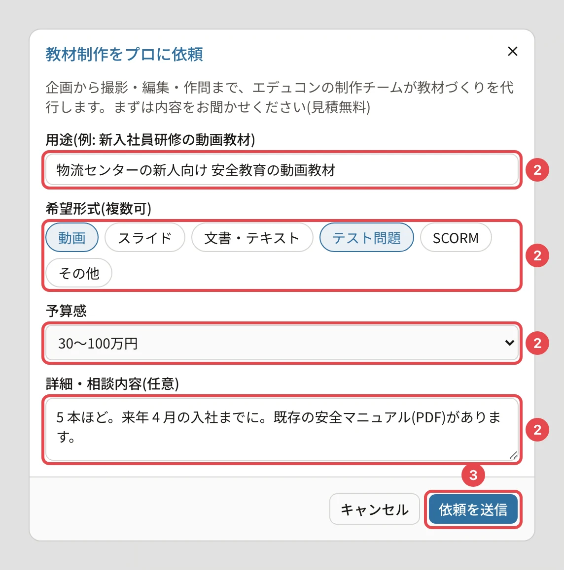 教材制作をプロに依頼のダイアログ。用途に番号1、希望形式(動画・テスト問題を選んだところ)に番号2、予算感に番号3、詳細・相談内容に番号4、「依頼を送信」に番号5の枠