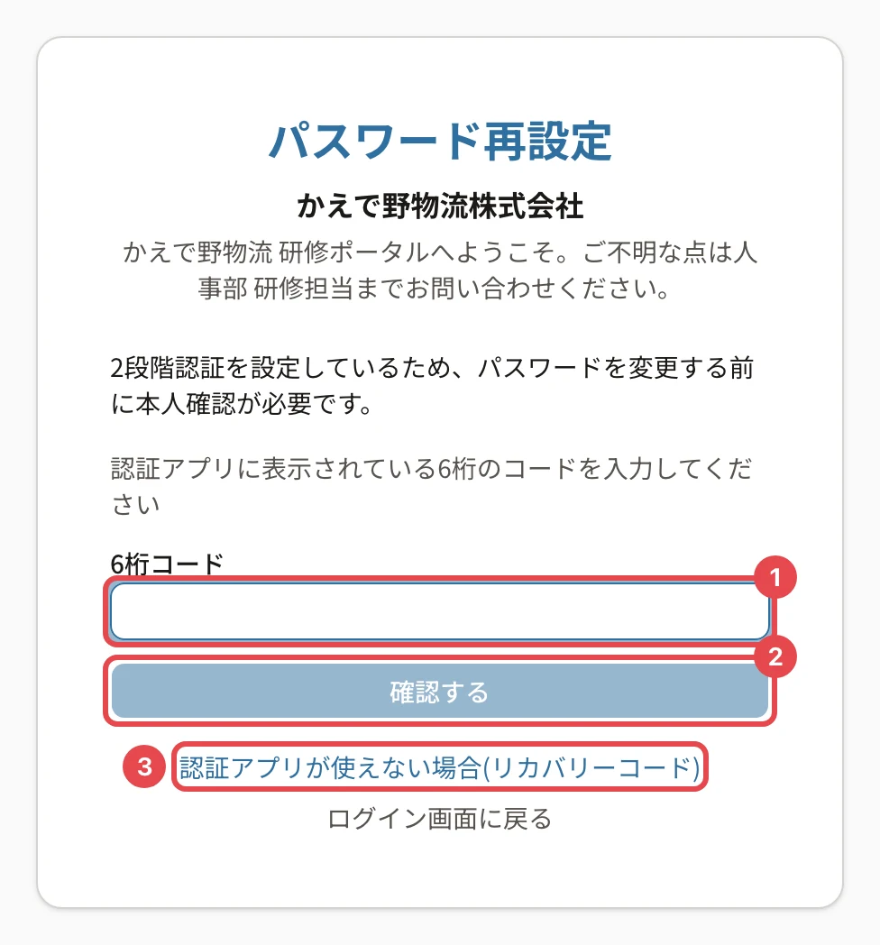 パスワード再設定の画面。「2段階認証を設定しているため、パスワードを変更する前に本人確認が必要です。」の説明、6桁コードの欄に番号1、「確認する」に番号2、「認証アプリが使えない場合(リカバリーコード)」に番号3の枠
