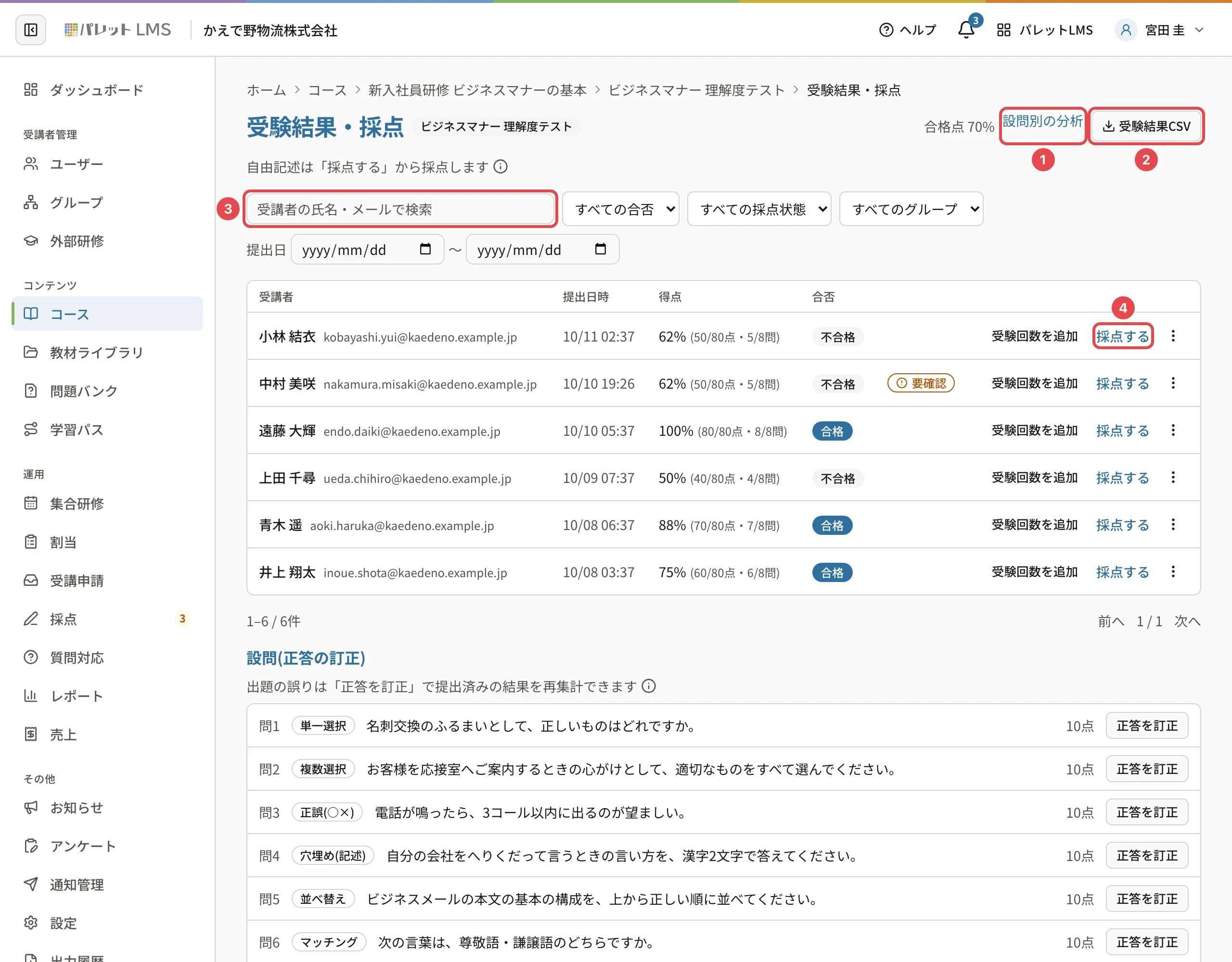 受験結果・採点の画面。「設問別の分析」に番号1、「受験結果CSV」に番号2、検索の欄に番号3、1行目の「採点する」に番号4の枠